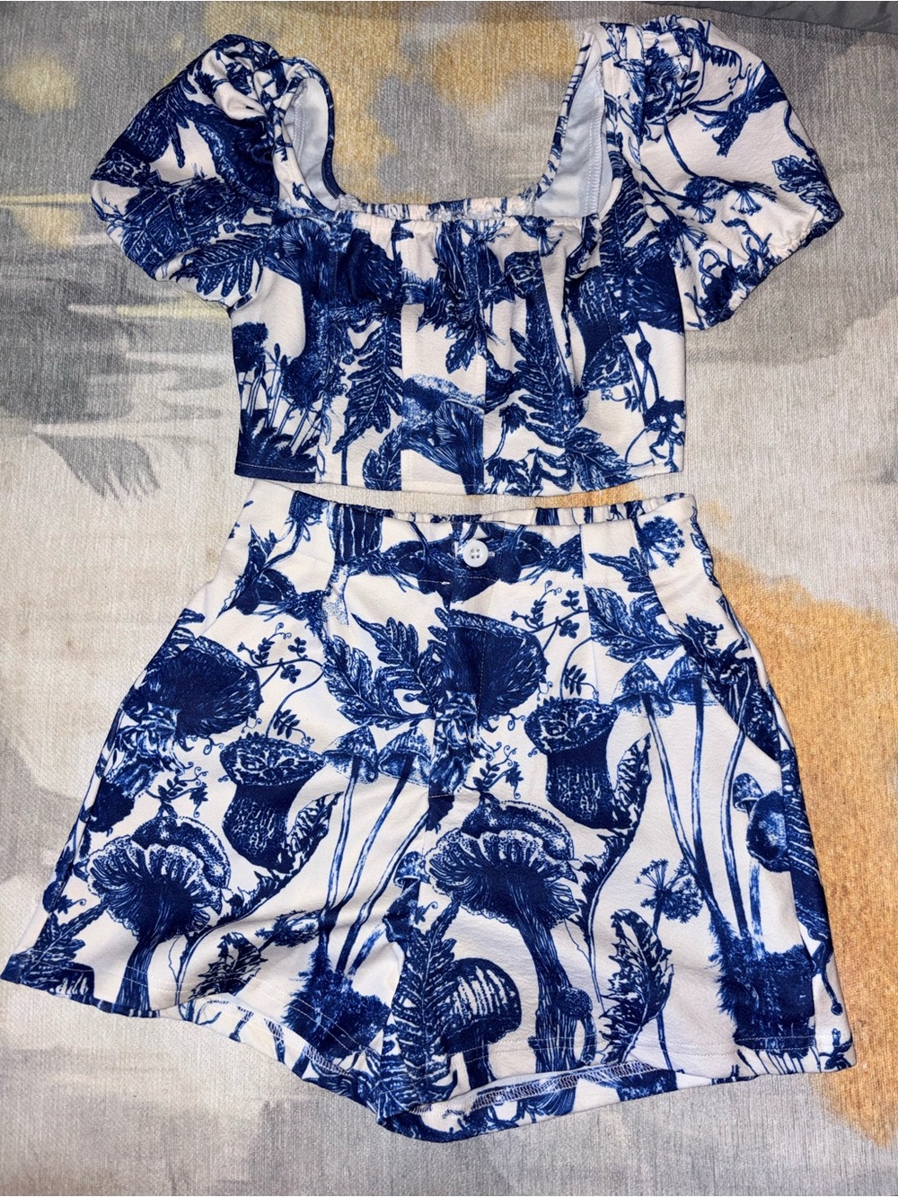 SHEIN White and Blue Floral Two-Piece Crop Top & Shorts Set